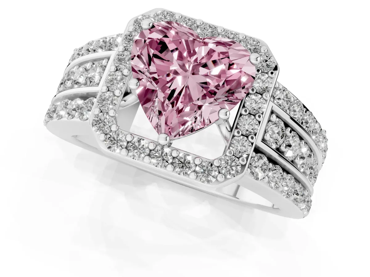 Fancy Pink Heart Cut Halo Diamond Ring with Round Split Shank and Prong Setting Platinum