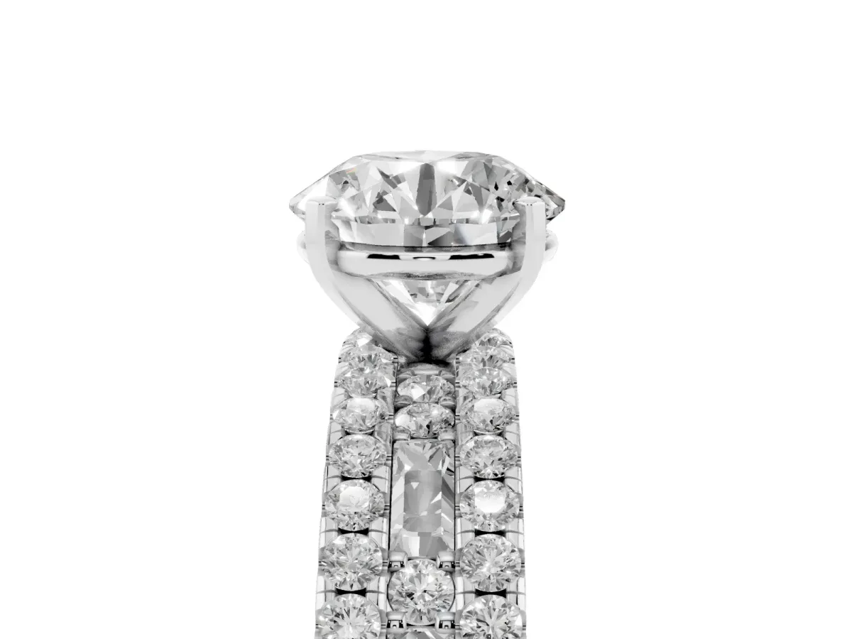 Round Cut Diamond Solitaire Ring with Pavé and Channel Set Band Silver