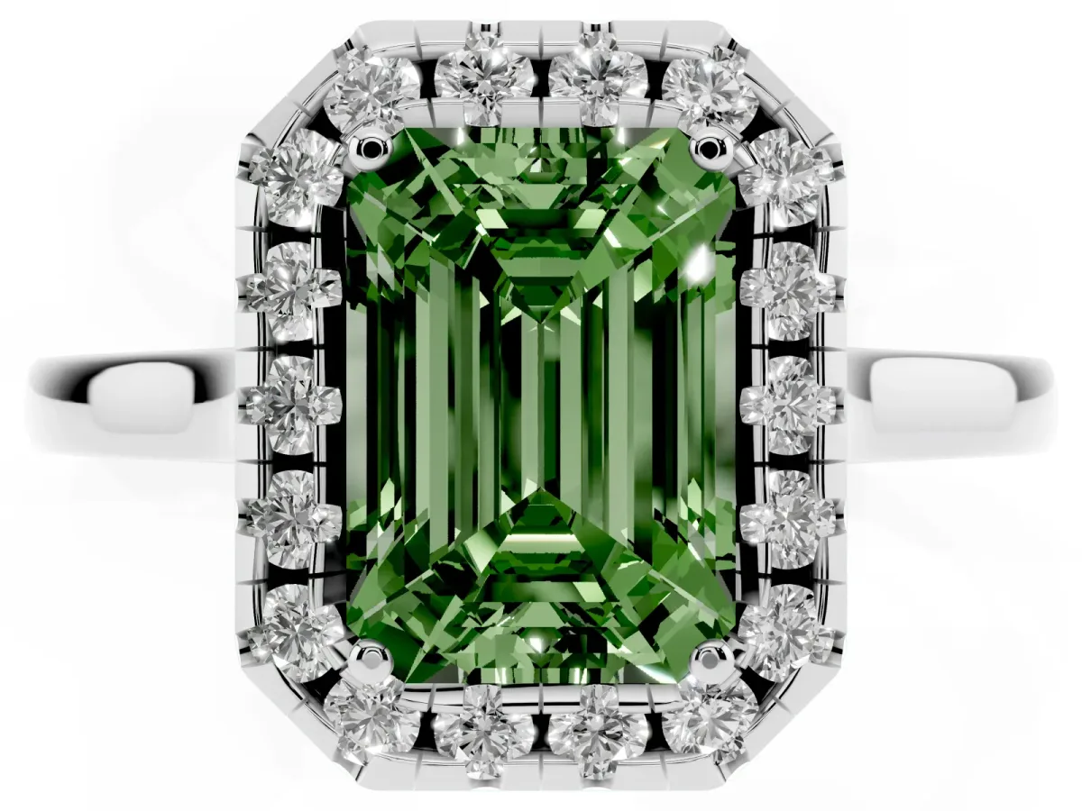 Fancy Green Emerald Cut Halo Round Diamond Solitaire Ring with Pavé Band and Four-Prong Setting Platinum