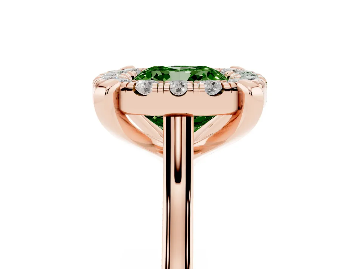 Fancy Green Cushion Cut Diamond Cluster Halo Solitaire with Four-Prong Setting Rose gold
