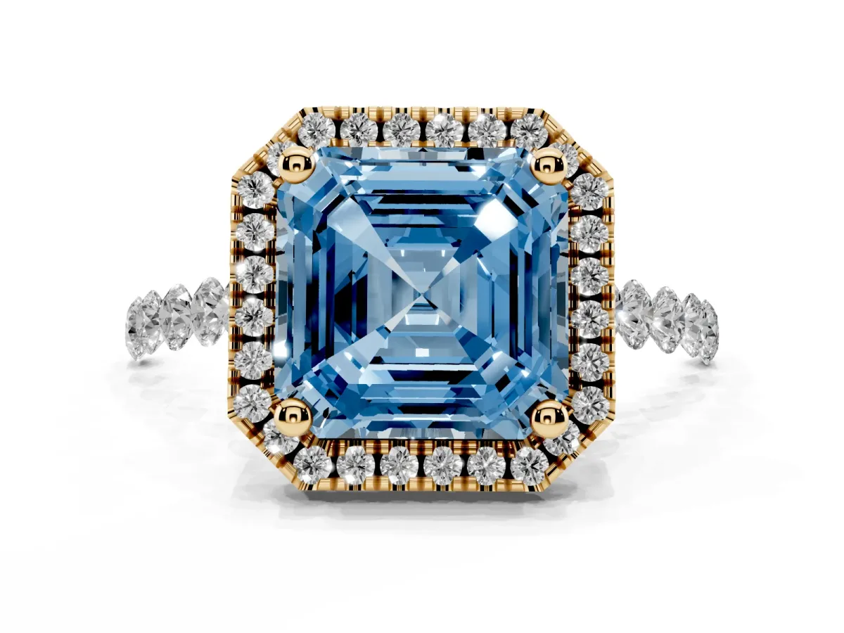 Fancy Blue Asscher Cut Halo Pavé Diamond Engagement Ring with Four-Prong Setting Yellow gold