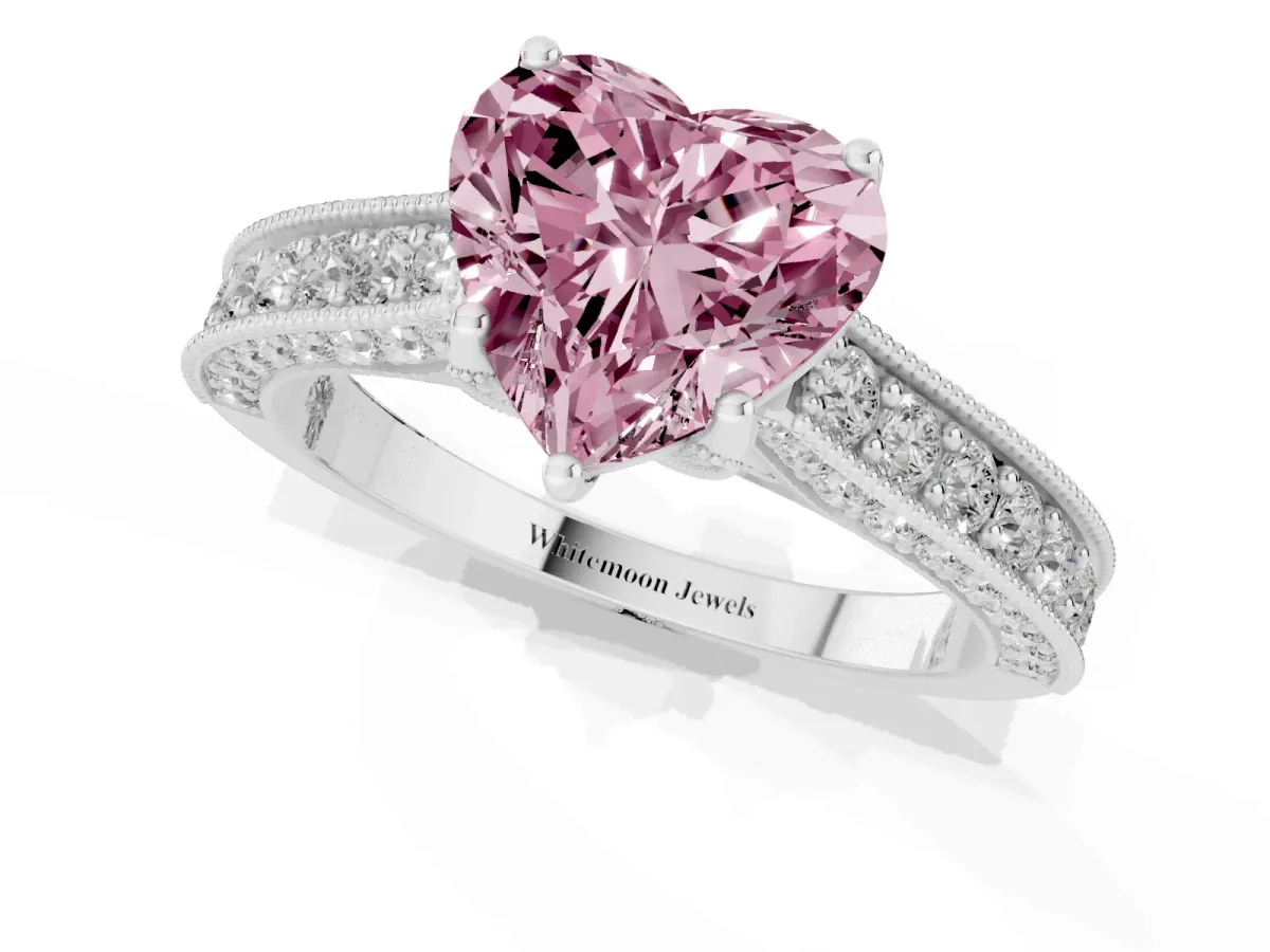 Fancy Pink Heart Cut Cut Diamond Solitaire Ring with Milgrain Pave Band and Four Prong Setting Silver