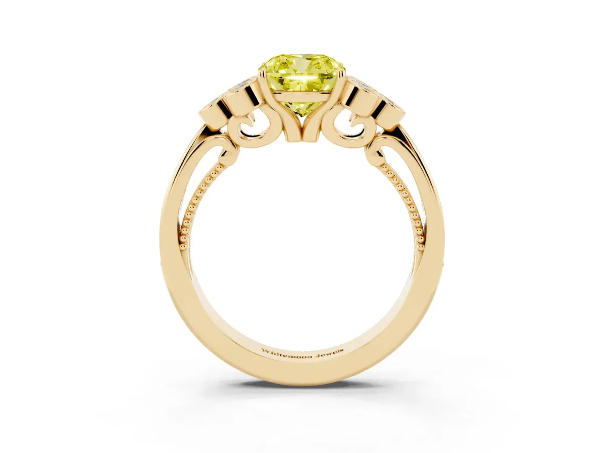 Fancy Yellow Cushion Cut Cut Diamond Engagement Ring with Bezel Set Round Side Stones and Prong Setting Yellow gold