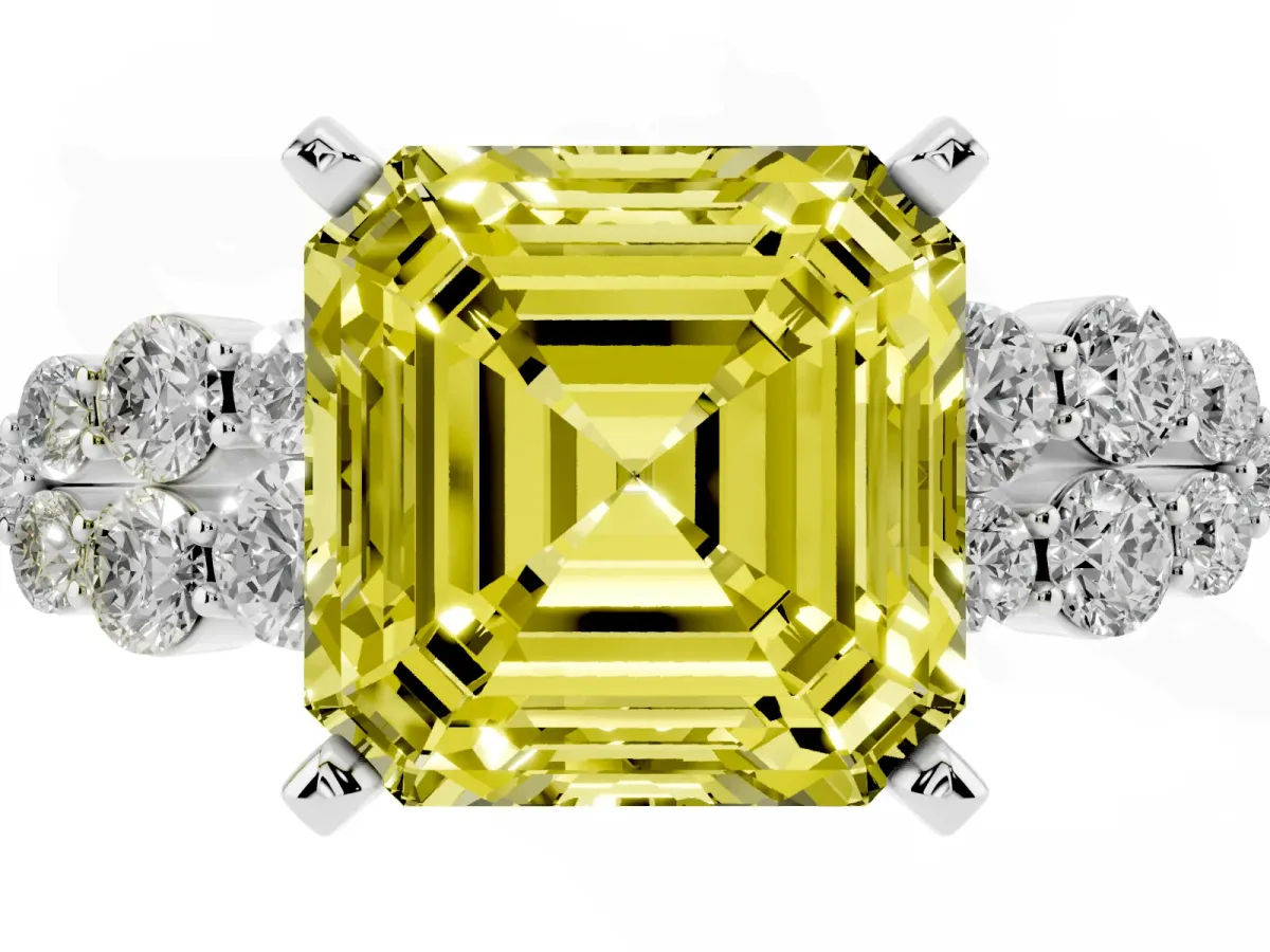 Fancy Yellow Asscher Cut Cluster Diamond Engagement Ring with Pavé Band and Four-Prong Setting Platinum