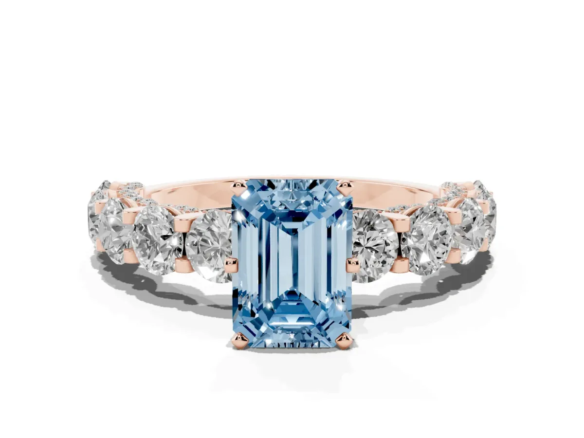 Fancy Blue Emerald Cut Diamond Side Stone Engagement Ring with Four-Prong Setting Rose gold