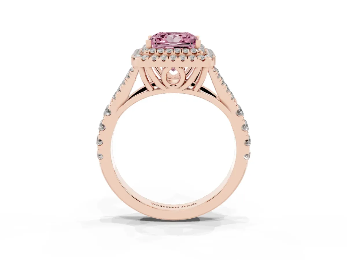 Fancy Pink Double Halo Princess Cut Diamond Split Shank Engagement Ring with Four-Prong Setting Rose gold