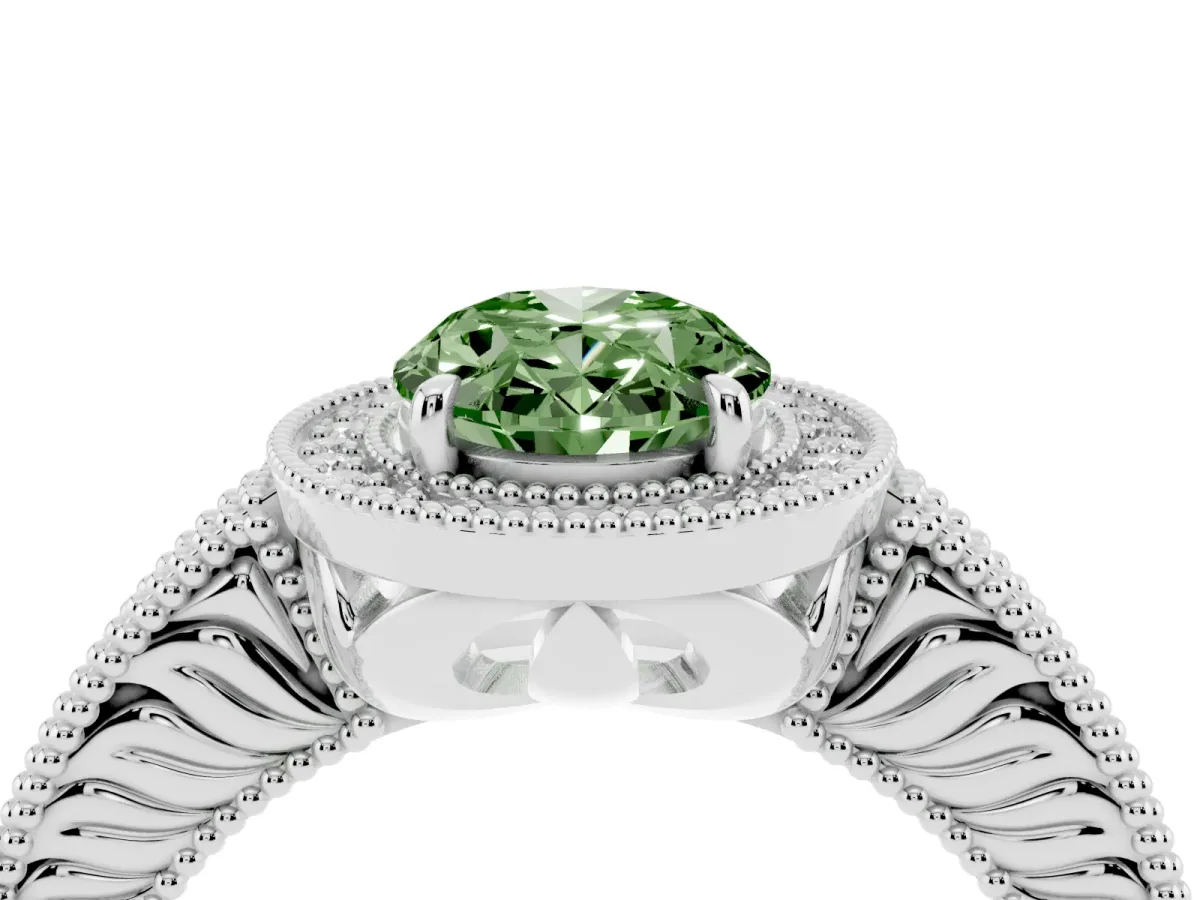 Fancy Green Oval Cut Cut Halo Diamond Ring with Pavé Band and Four-Prong Setting Silver