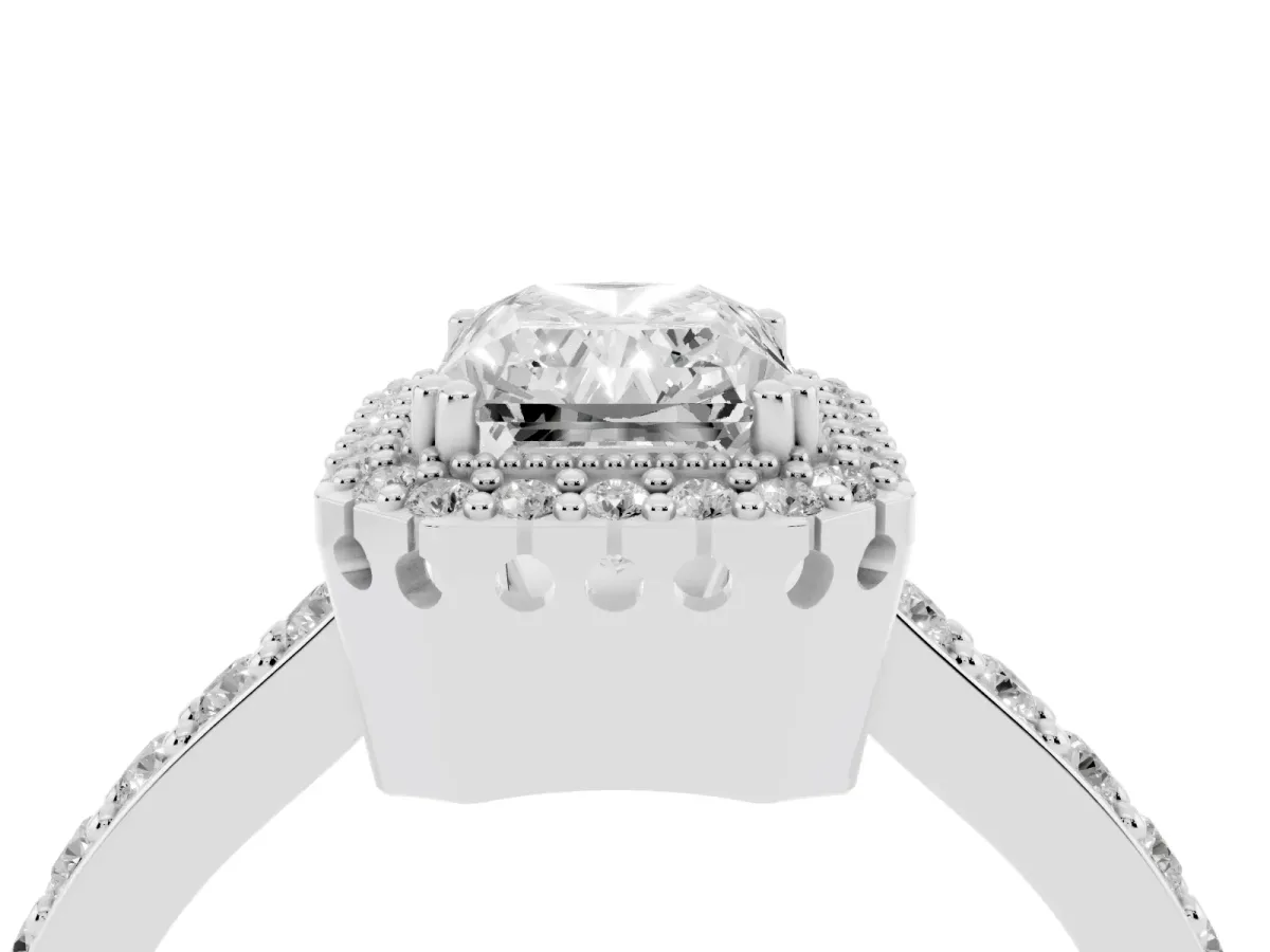 Radiant Cut Cut Diamond Halo Engagement Ring with Milgrain Detail and Pavé Band Silver