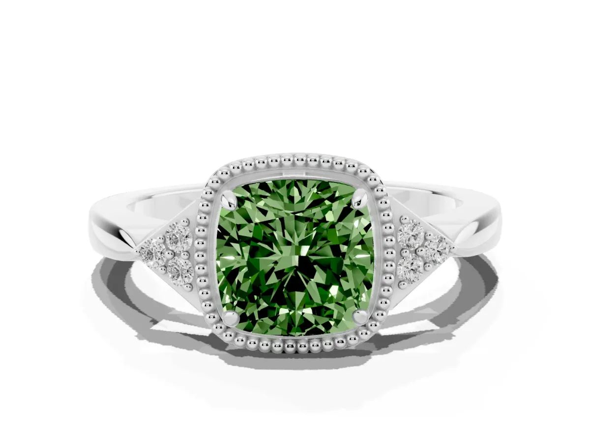 Fancy Green Cushion Cut Diamond Halo Ring with Tapered Band and Four-Prong Setting White gold