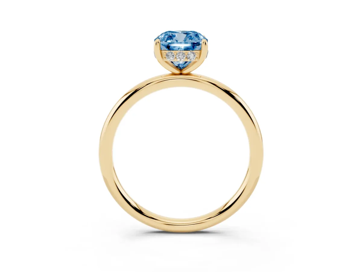 Fancy Blue Cushion Cut Solitaire Diamond Ring with a Classic Band and Four-Prong Setting Yellow gold
