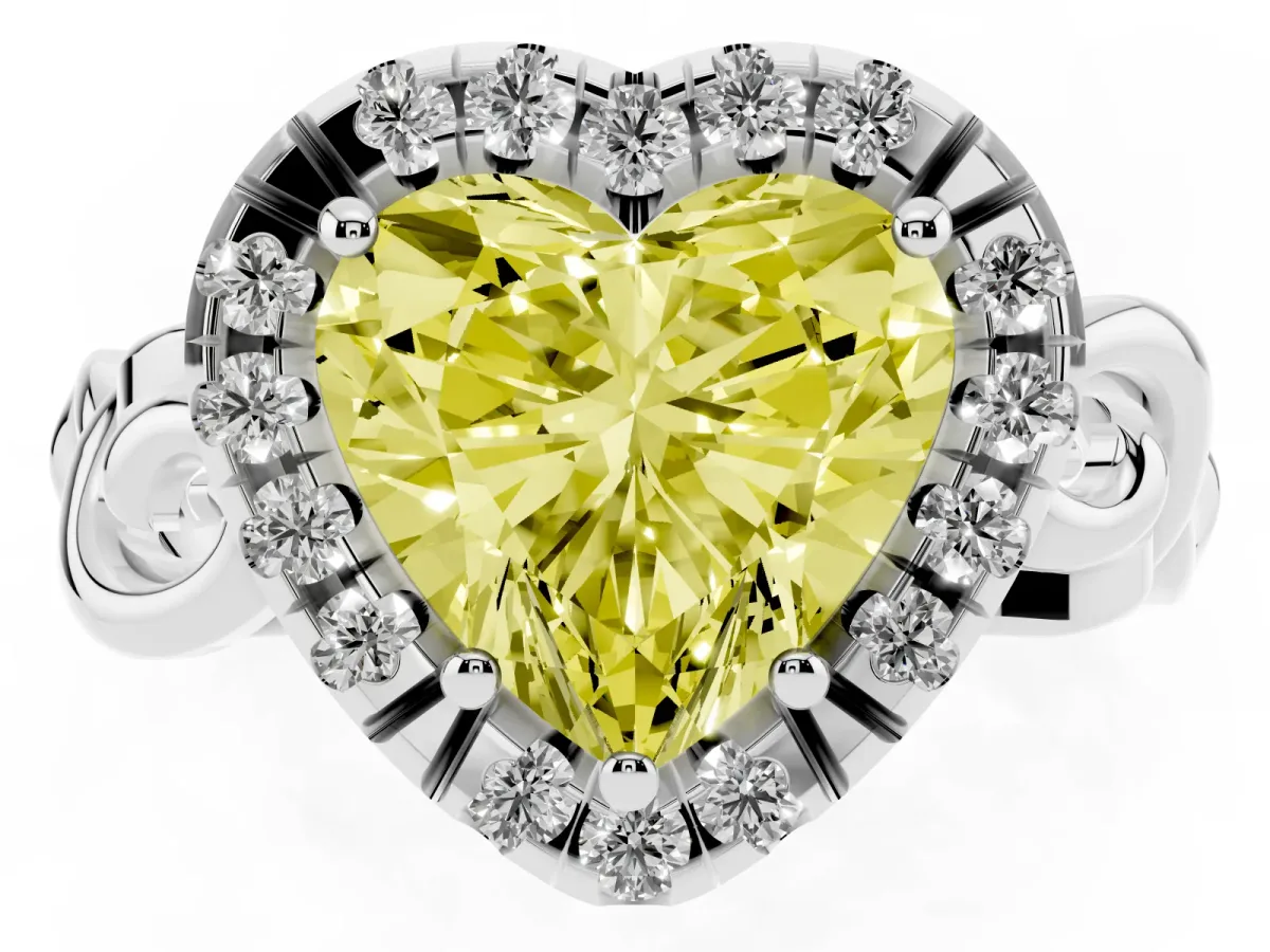 Fancy Yellow Heart Cut Cut Halo Diamond Ring with Scrollwork Band and Four-Prong Setting Silver