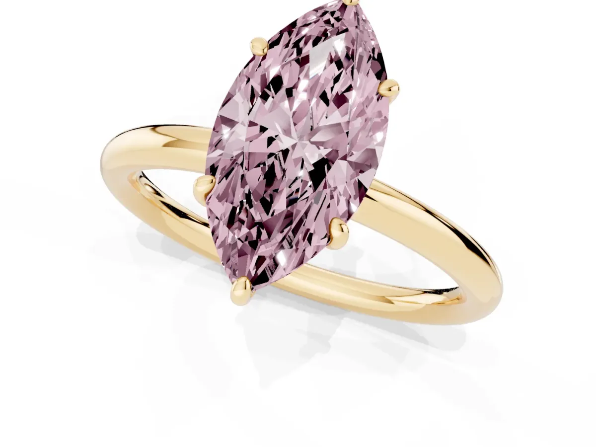 Fancy Pink Marquise Cut Solitaire Diamond Ring with Four-Prong Setting on a Plain Band Yellow gold