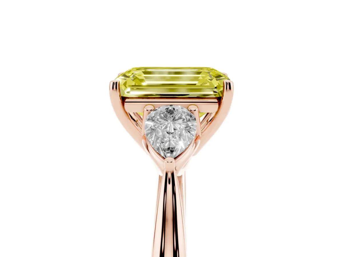 Fancy Yellow Emerald Cut Diamond Three-Stone Ring with Pear Side Stones and Prong Setting Rose gold