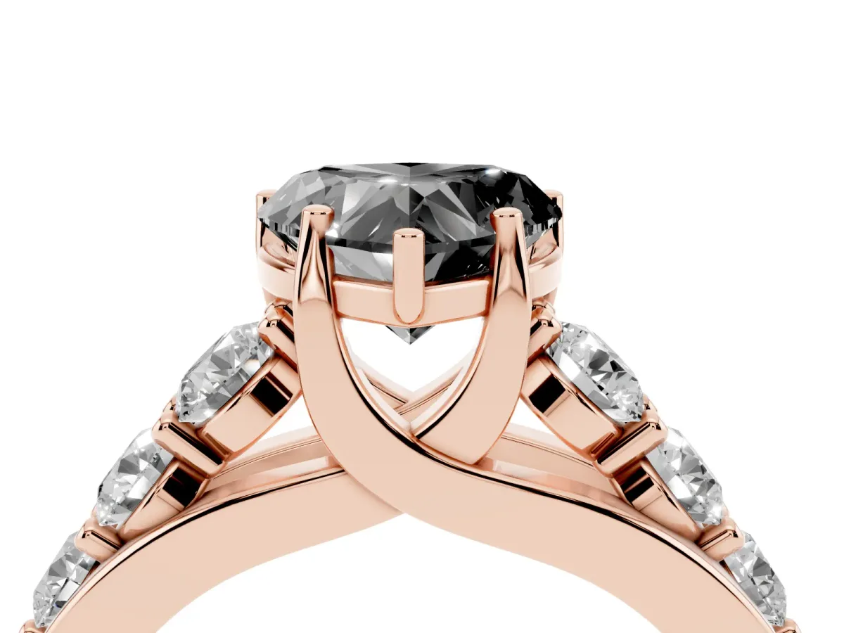 Fancy Black Heart Cut Diamond Engagement Ring with Pavé Band and Four-Prong Setting Rose gold