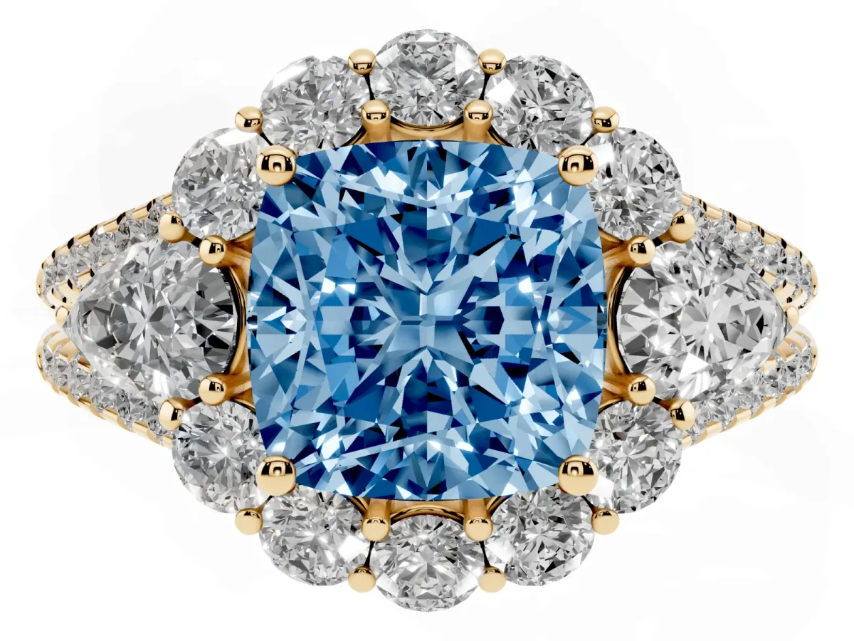 Fancy Blue Cushion Cut Halo Split Shank Diamond Engagement Ring with Prong Setting Yellow gold