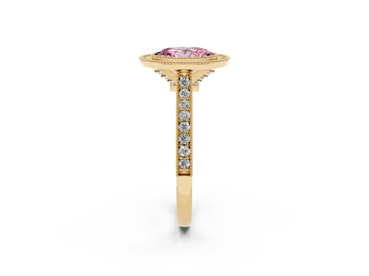 Fancy Pink Halo Oval Cut-Cut Diamond Pave Band Milgrain Prong Setting Ring Yellow gold