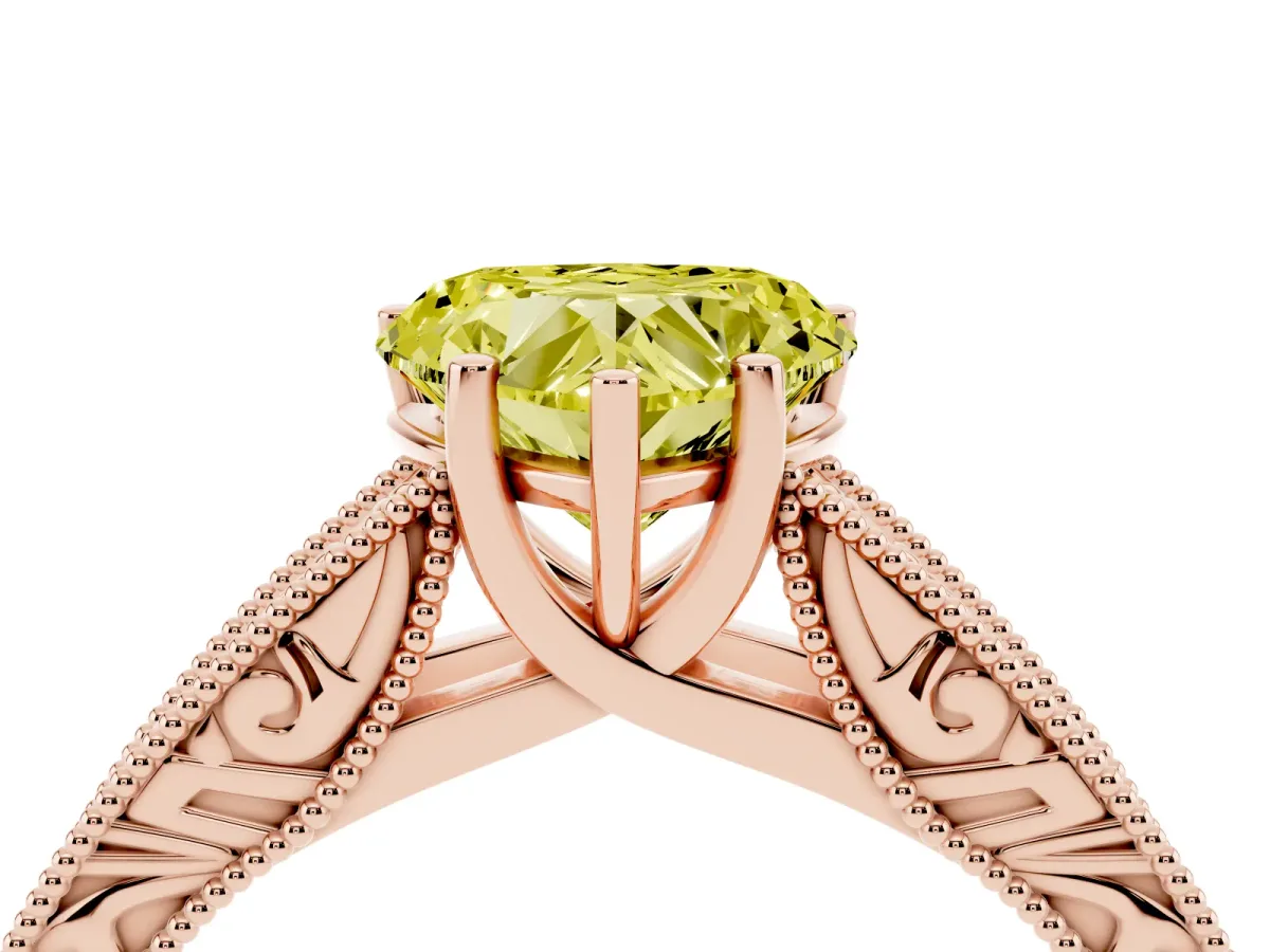 Fancy Yellow Heart Cut Diamond Solitaire Ring with Engraved Band and Four-Prong Setting Rose gold