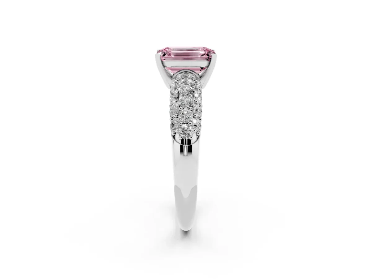 Fancy Pink Emerald Cut Diamond Pavé Band Solitaire Ring with Four-Prong Setting Platinum