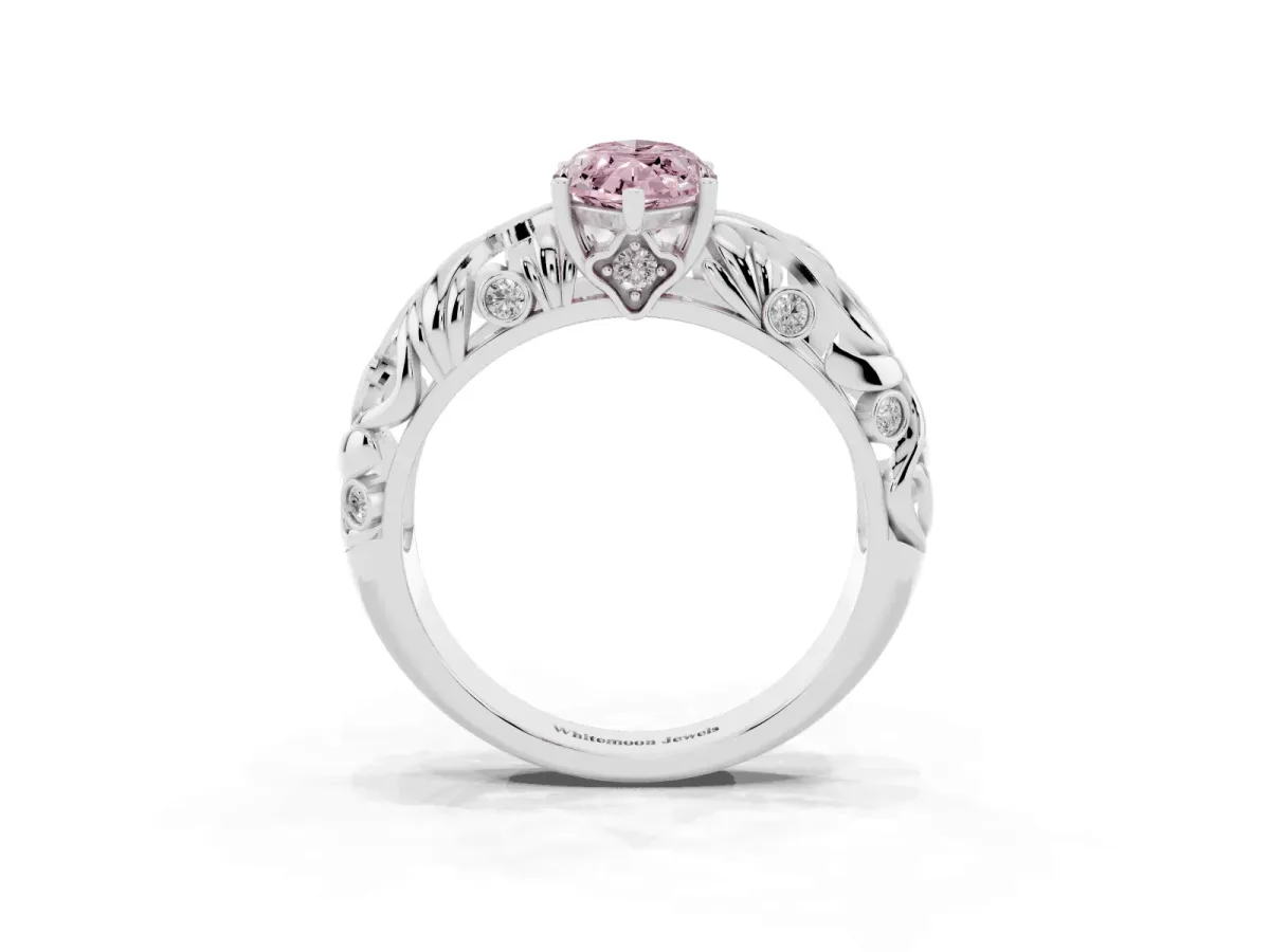 Fancy Pink Marquise Cut Solitaire Diamond Leaf-Inspired Vine Band Ring with Prong Setting Silver