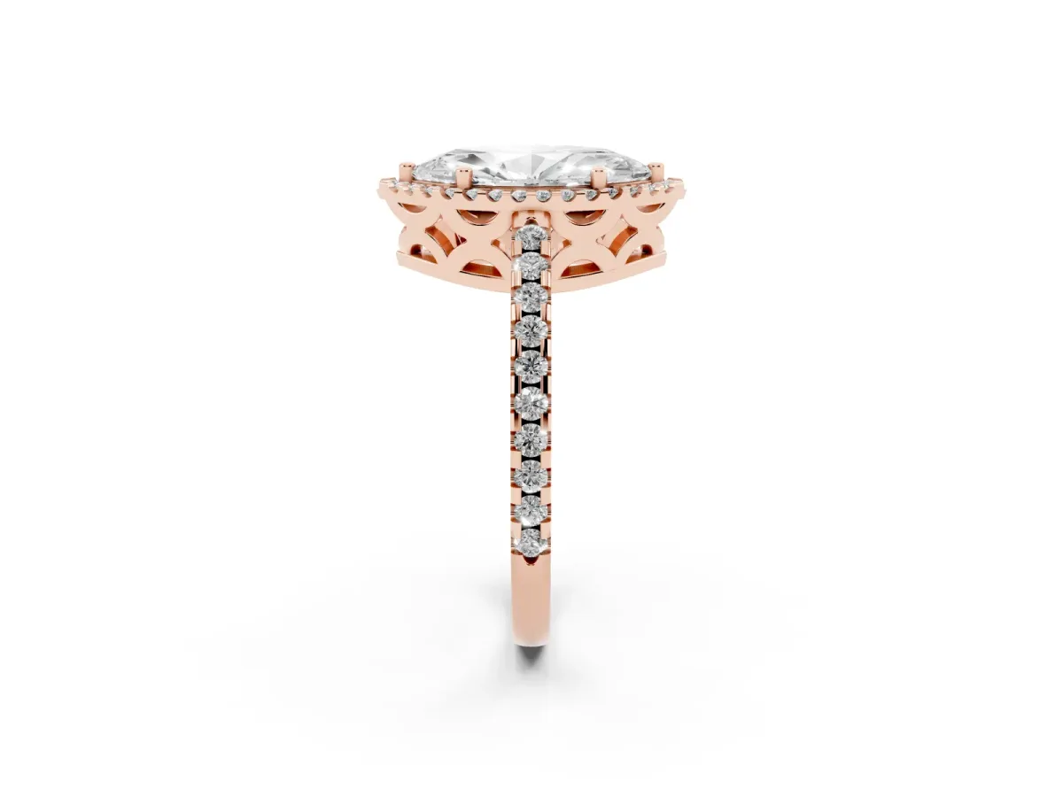 Marquise Cut Diamond Halo Engagement Ring with Pavé Band and Prong Setting Rose gold
