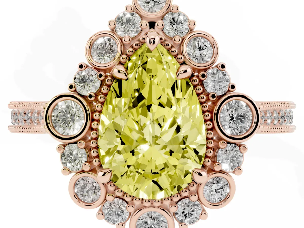 Fancy Yellow Pear Cut Halo Milgrain Pave Diamond Ring with Four-Prong Setting Rose gold