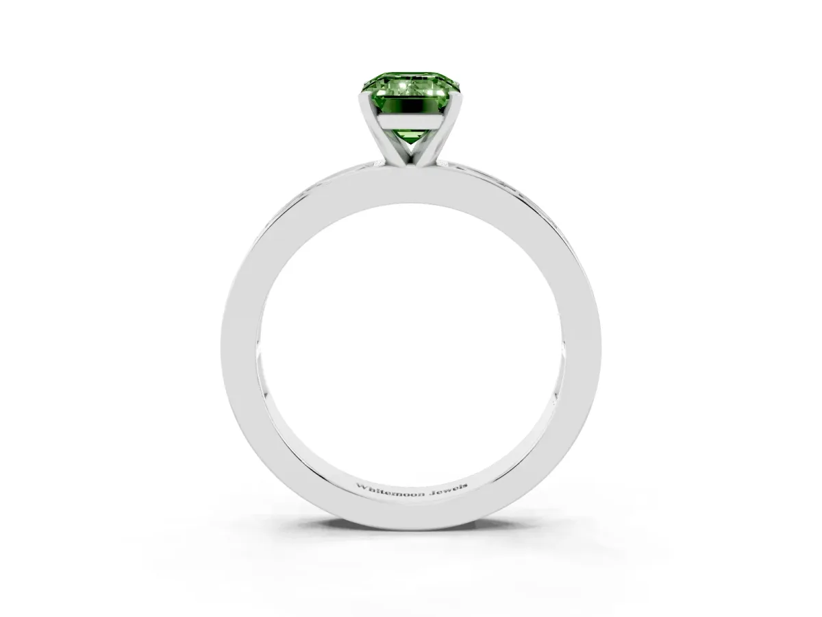 Fancy Green Emerald Cut Solitaire Diamond Ring with Channel-Set Baguette Band and Four-Prong Setting White gold