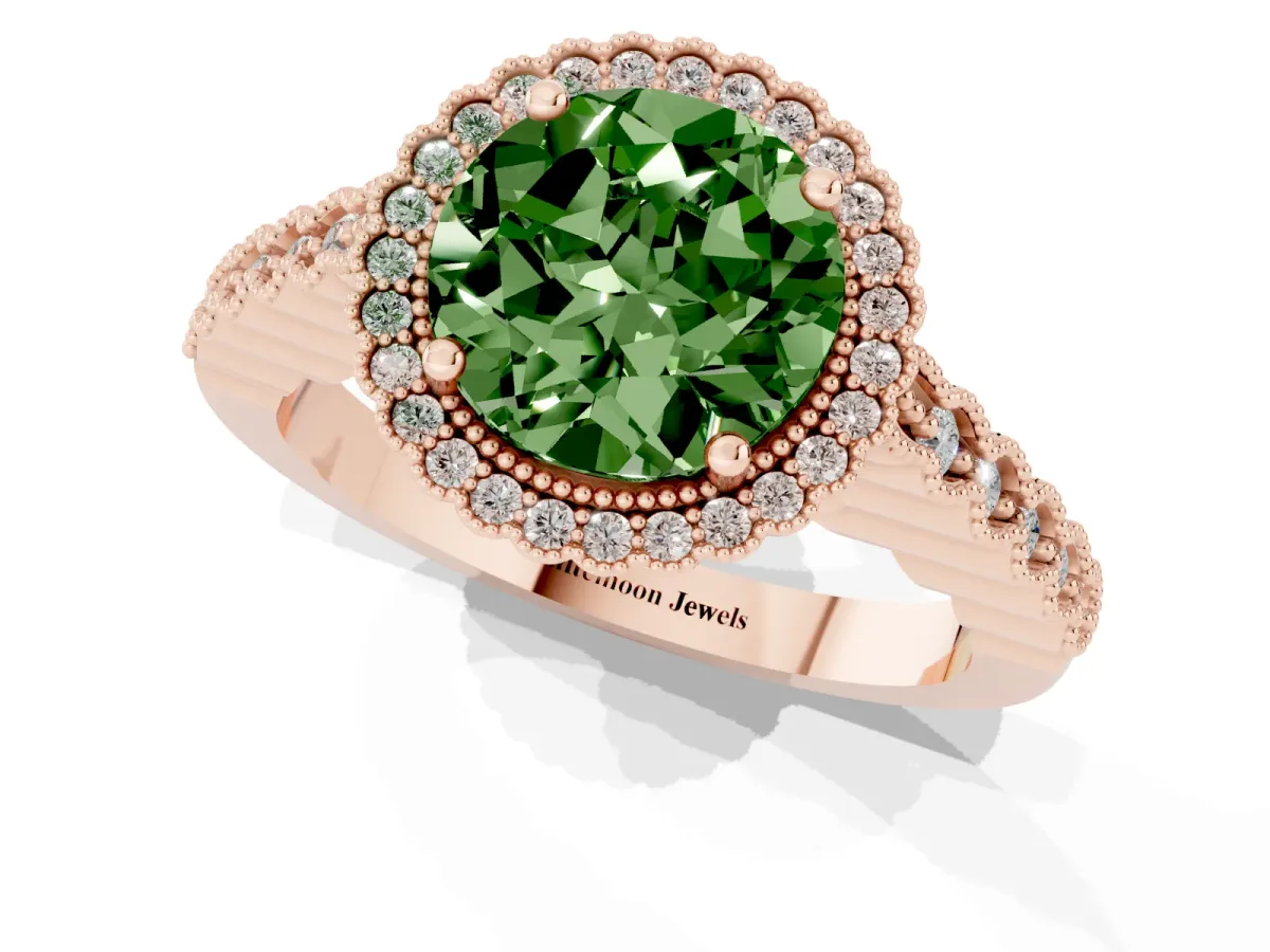 Fancy Green Round Cut Cut Halo Pavé Solitaire Ring with Milgrain Band Rose gold