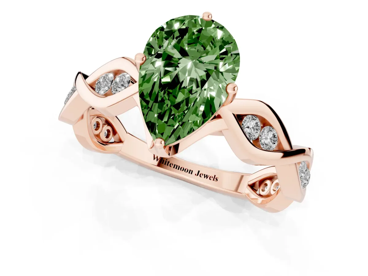 Fancy Green Pear Cut Solitaire Twist Band with Leaf Prong Setting Rose gold