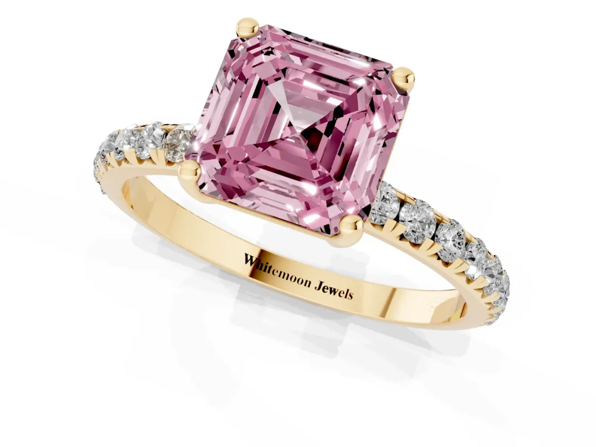 Fancy Pink Asscher Cut Cut Diamond Solitaire Ring with Micro Pave Band and Four Prong Setting Yellow gold