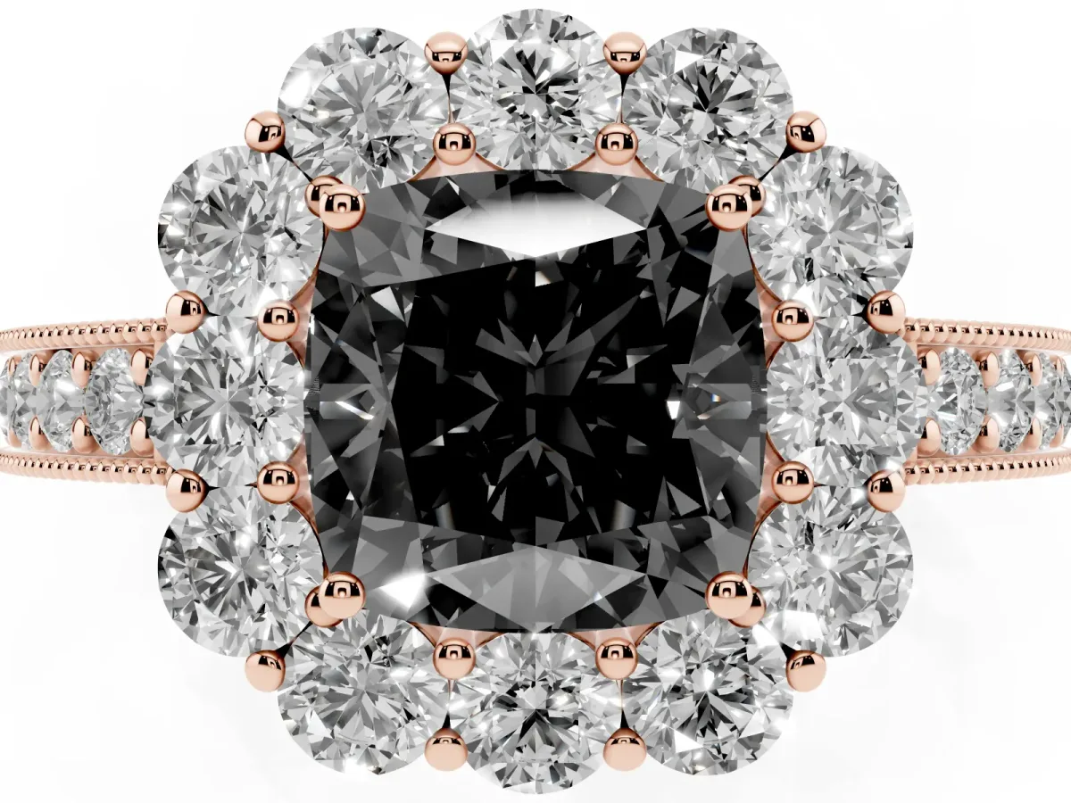 Fancy Black Cushion Cut Cut Halo Diamond Pavé Engagement Ring with Milgrain Detailing Rose gold