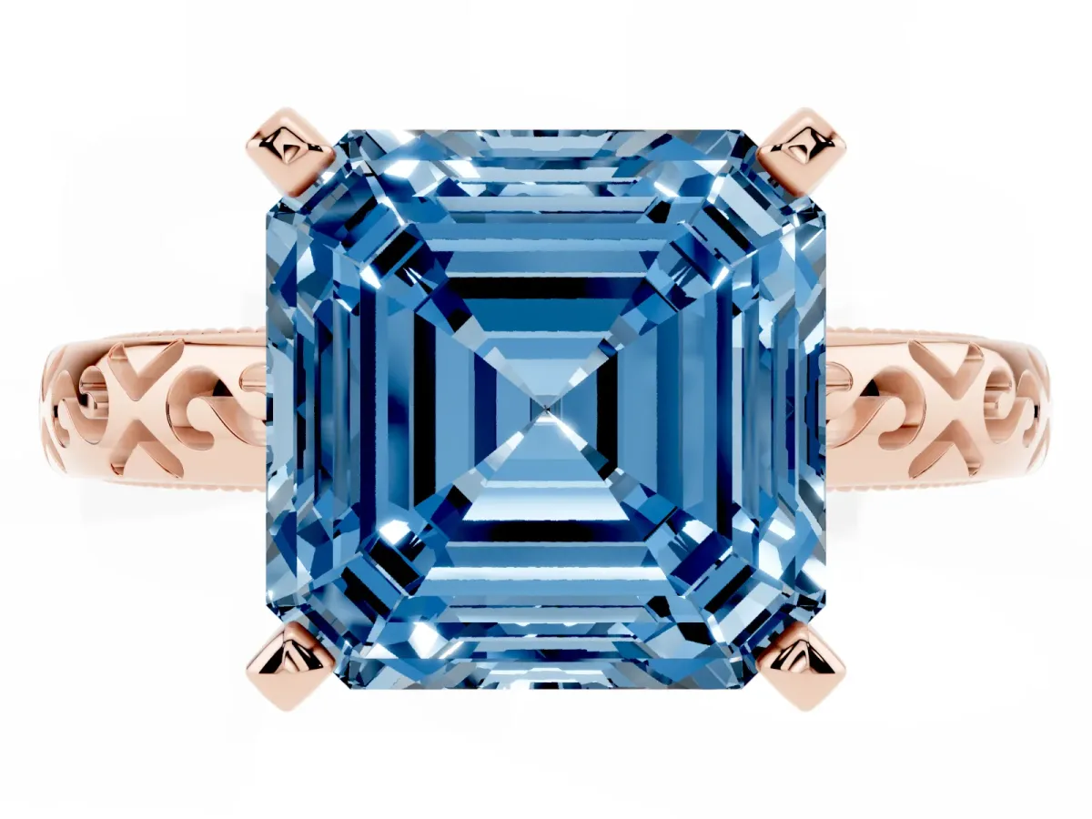 Fancy Blue Asscher Cut Solitaire Engagement Ring with Scrollwork Band and Four-Prong Setting Rose gold