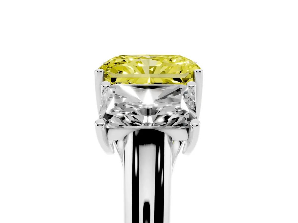 Fancy Yellow Three-Stone Radiant Cut Diamond Engagement Ring with Prong Setting Platinum