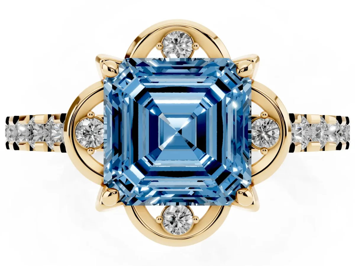 Fancy Blue Asscher Cut Diamond Ring with Pavé Band and Floral Prong Setting Yellow gold