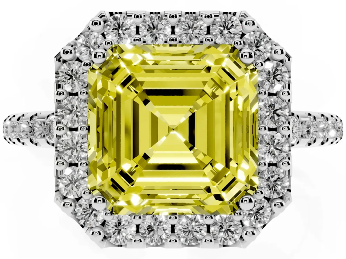Fancy Yellow Asscher Cut Diamond Pavé Halo Ring with Four-Prong Setting Silver
