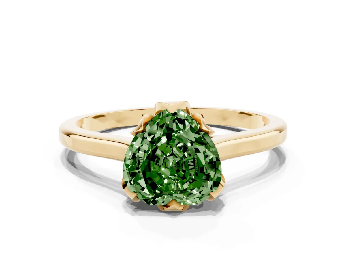 Fancy Green Heart Cut Diamond Solitaire Ring with Flower Prong Setting and Classic Band Yellow gold