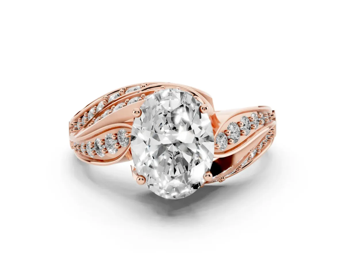 Oval Cut Diamond Solitaire Ring with Prong Setting and Twisted Pavé Band Rose gold