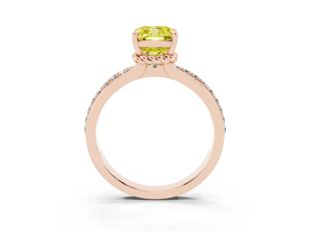Fancy Yellow Cushion Cut Solitaire Diamond Ring with Channel Set Band and Six-Prong Setting Rose gold