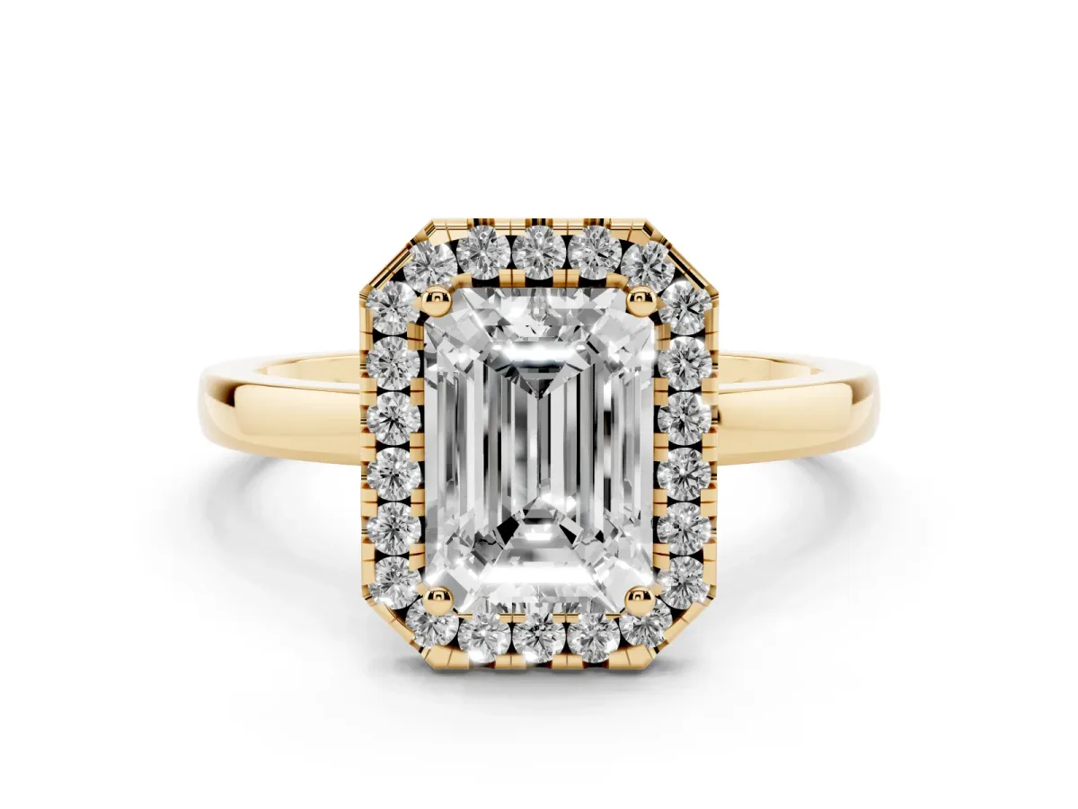 Emerald Cut Halo Diamond Solitaire with Pavé Band and Four-Prong Setting Yellow gold