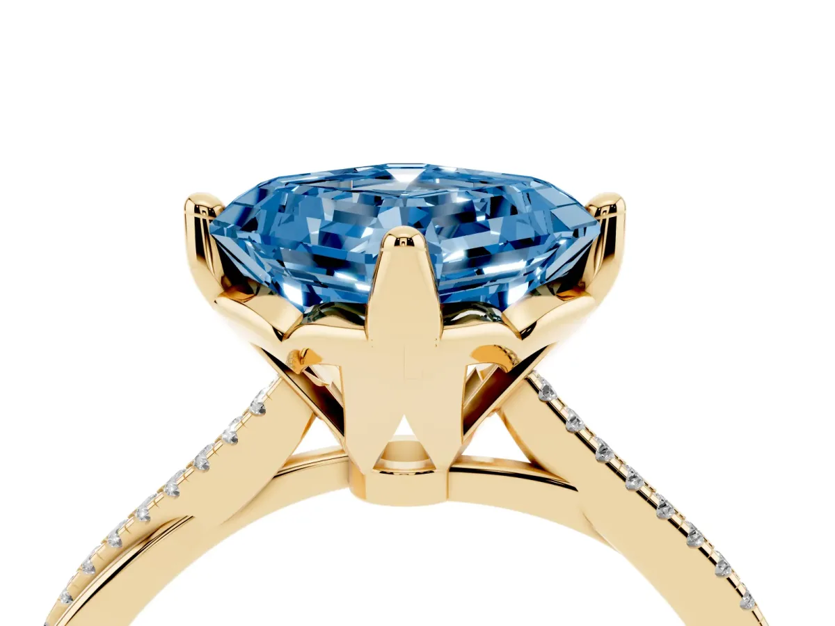 Fancy Blue Asscher Cut Solitaire Twist Band with Pavé Diamonds and Four-Prong Setting Yellow gold