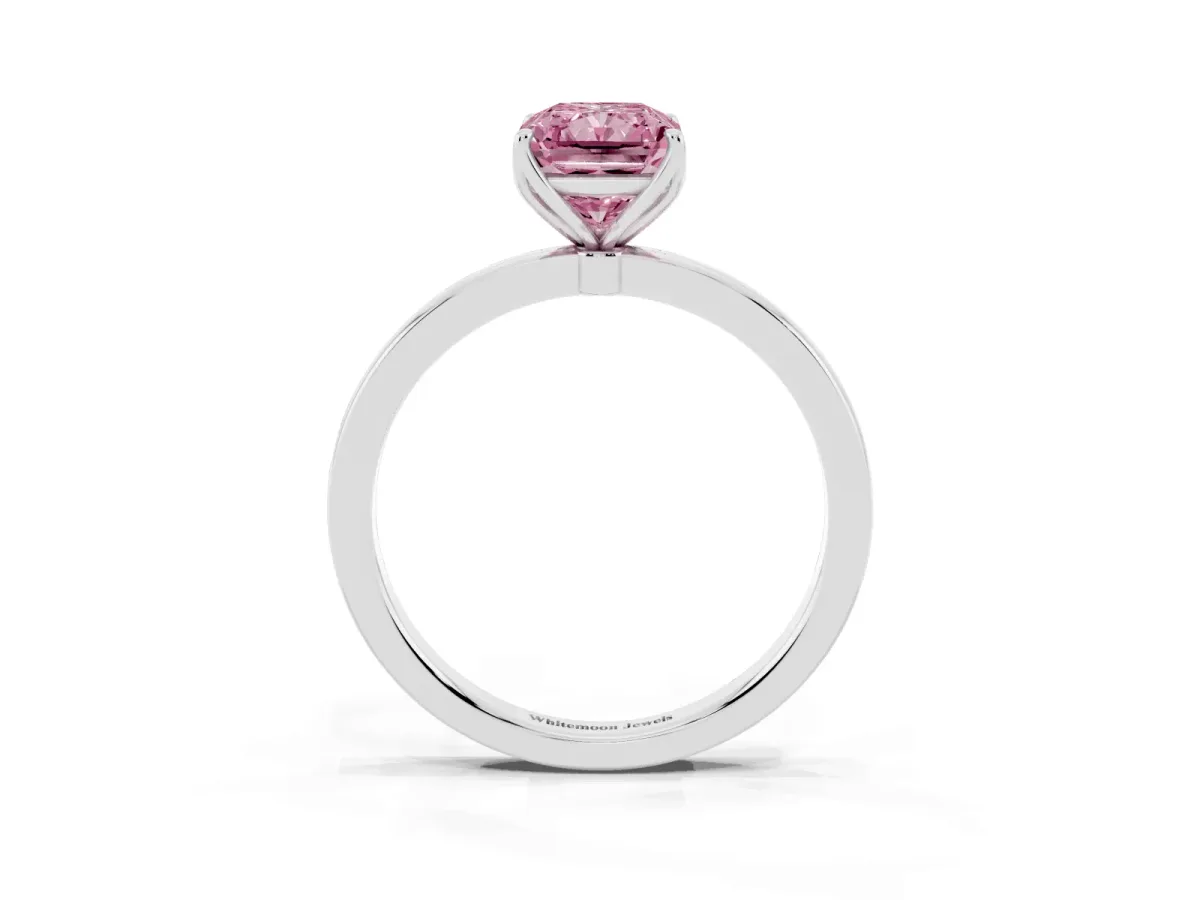 Fancy Pink Radiant Cut Diamond Solitaire Ring with Thin Band and Prong Setting White gold