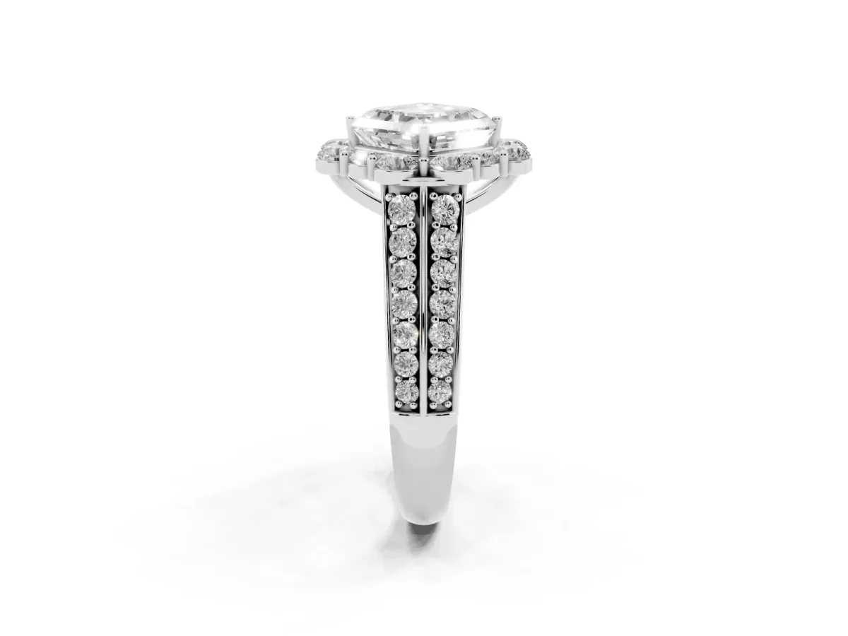 Asscher Cut Halo Diamond Engagement Ring with Split Shank and Prong Setting Silver