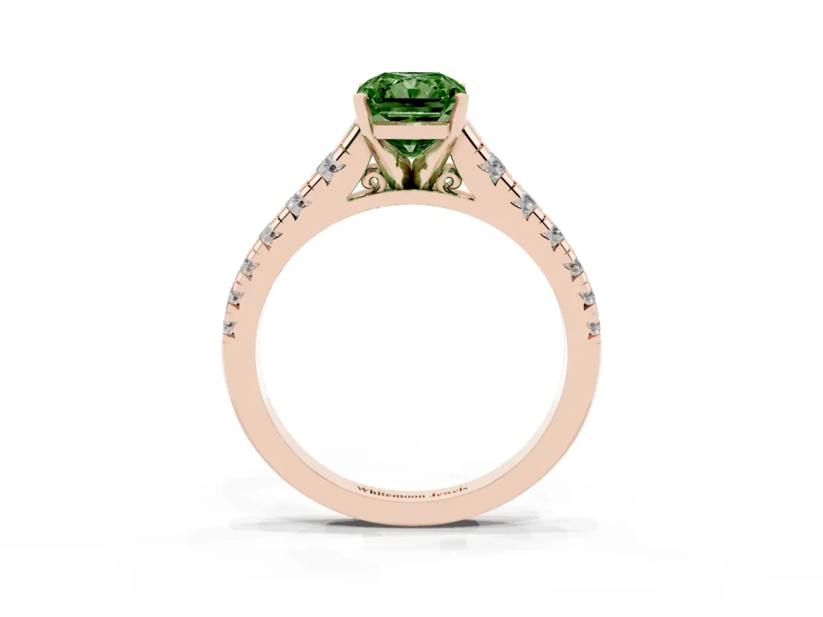 Fancy Green Radiant Cut Diamond Cathedral Solitaire Ring with Round Pavé Band Rose gold