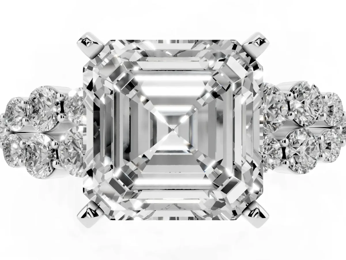 Asscher Cut Cluster Diamond Engagement Ring with Pavé Band and Four-Prong Setting Silver