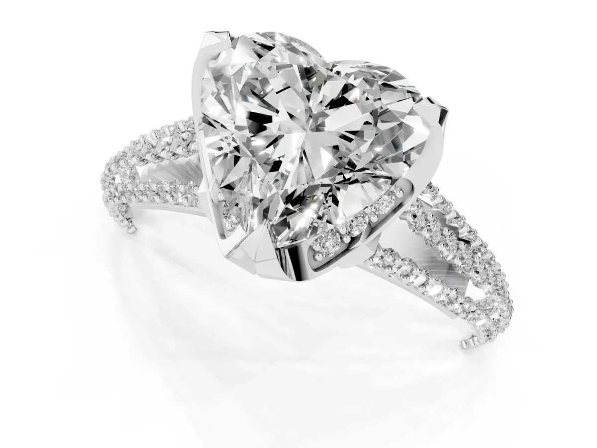 Heart Cut Solitaire Pave Split Shank Ring with Four-Prong Setting White gold