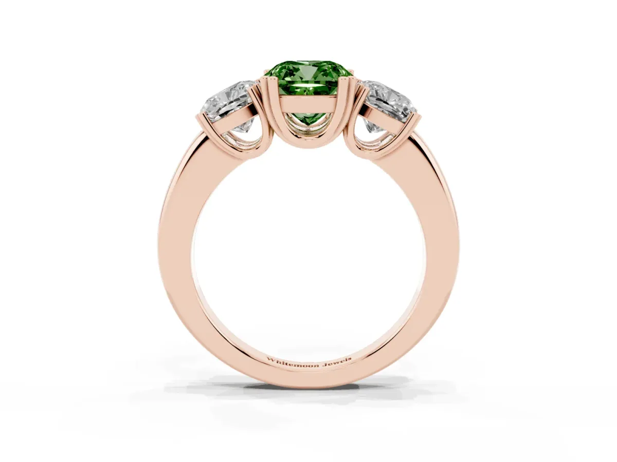 Fancy Green Three-Stone Cushion Cut Cut Diamond Ring with Channel Set Band and Four-Prong Setting Rose gold