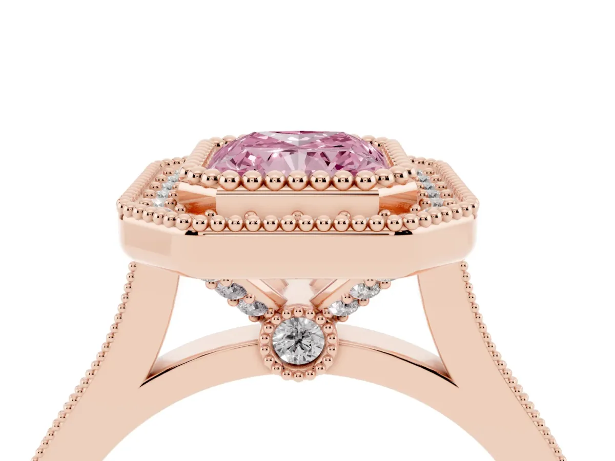 Fancy Pink Radiant Cut Diamond Halo Ring with Milgrain Frame and Pavé Band Rose gold