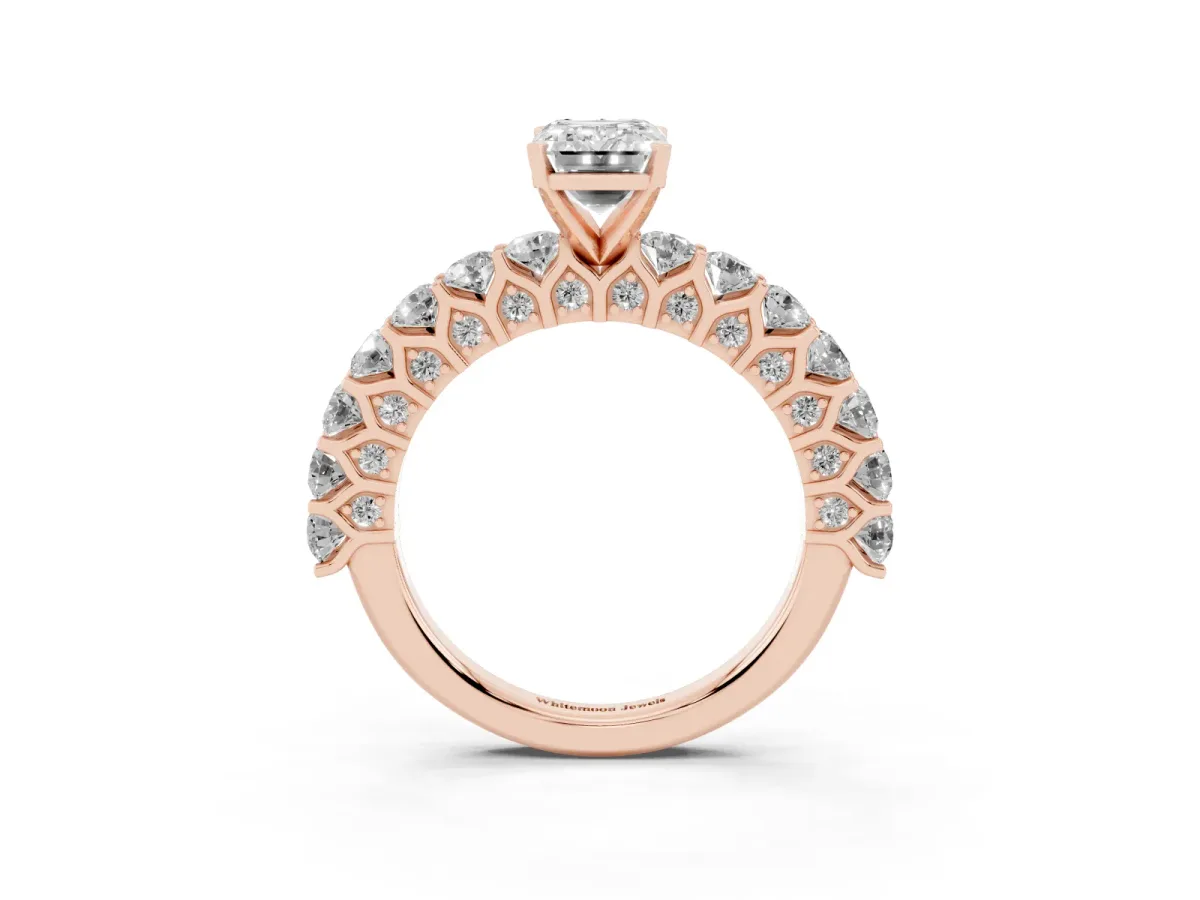 Emerald Cut Diamond Solitaire Ring with Shared Prong Pavé Band and Four-Prong Setting Rose gold