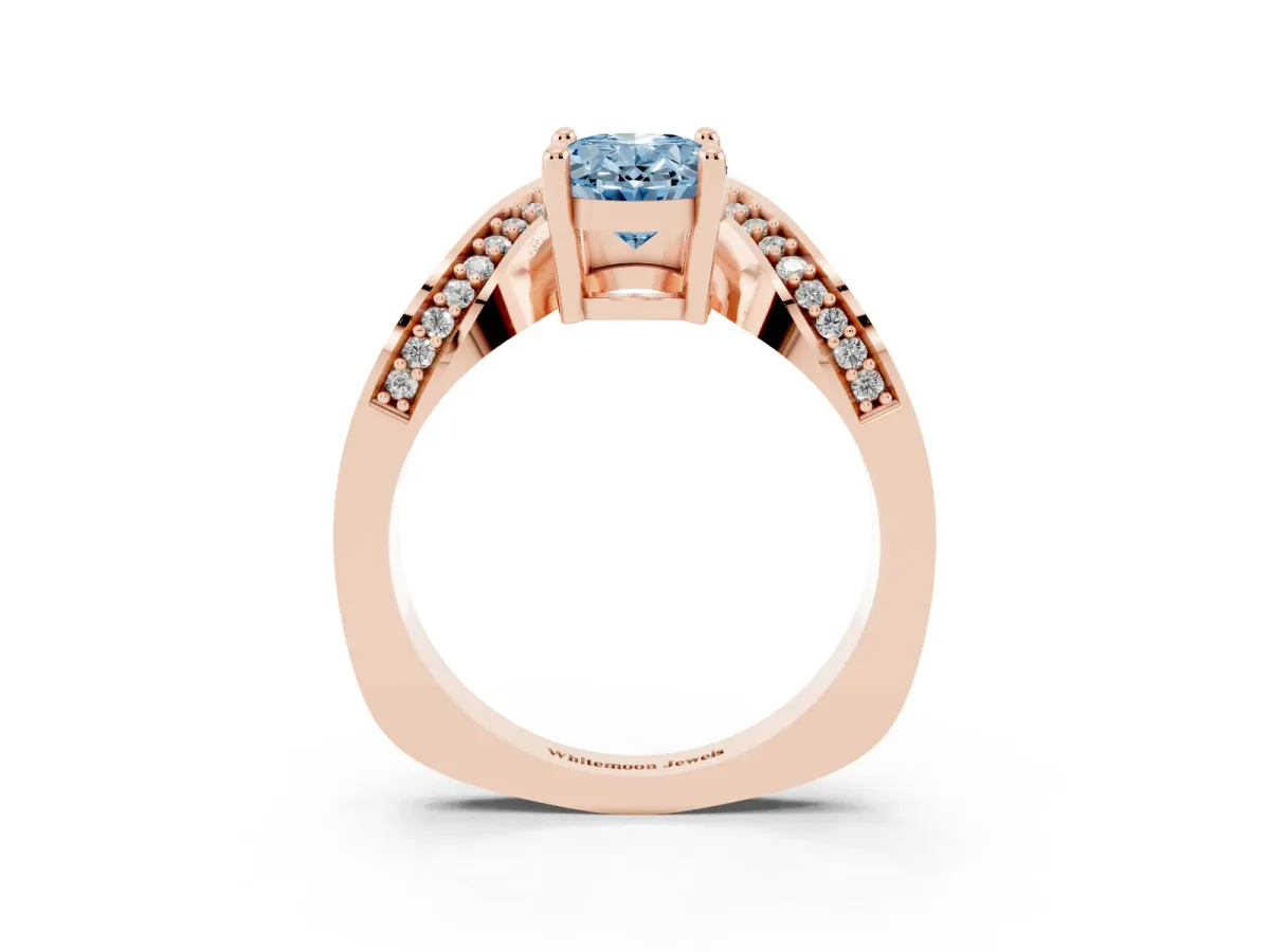Fancy Blue Oval Cut Solitaire Diamond Engagement Ring with Pave Band and Four-Prong Setting Rose gold