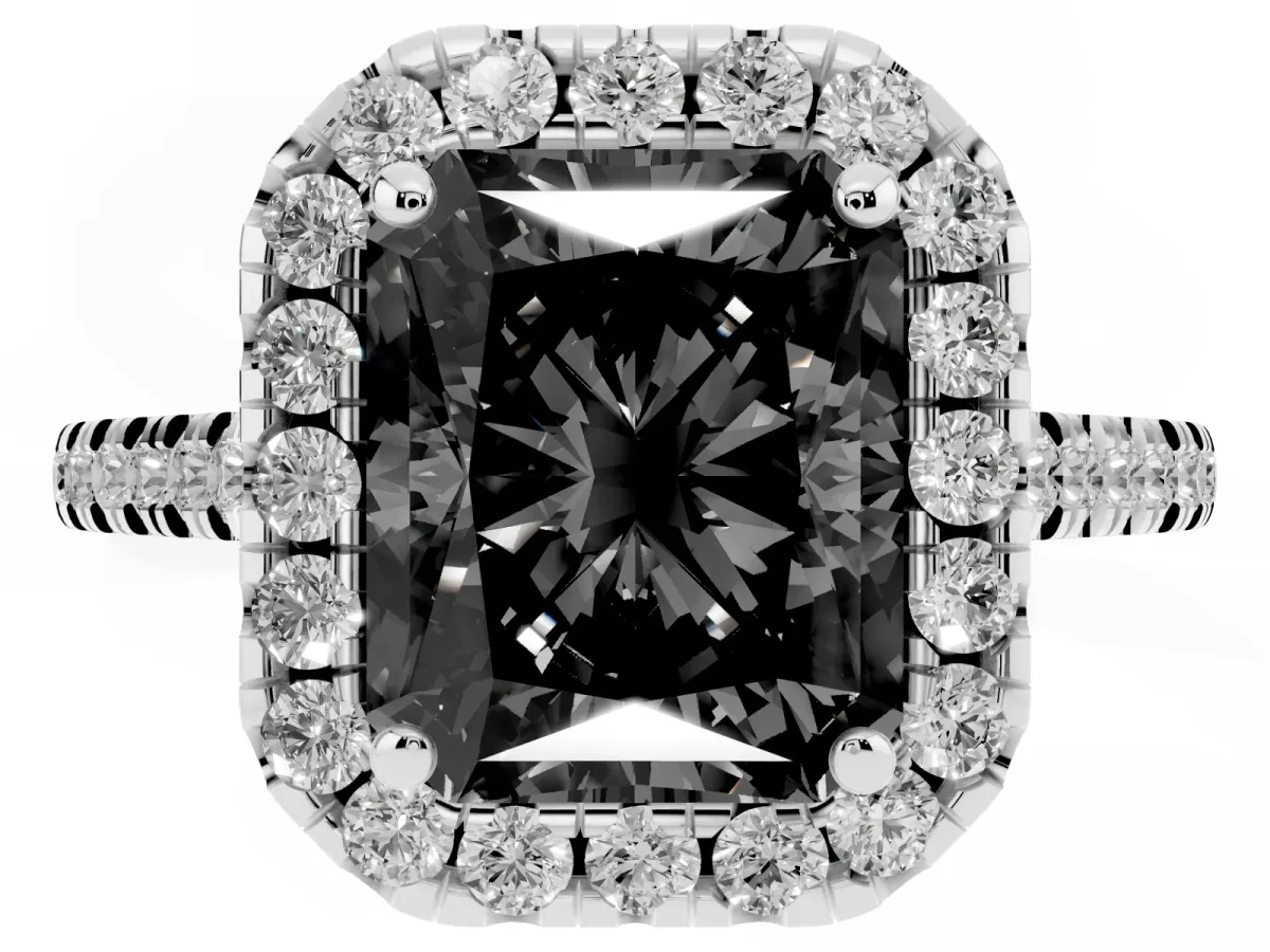 Fancy Black Radiant Cut Diamond Cushion Halo Ring with Pavé Band Silver