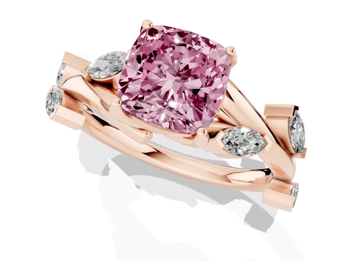 Fancy Pink Cushion Cut Solitaire Twisted Band Marquise Accent Prong Setting Ring Rose gold